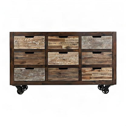 Acacia Veneer 9-Drawer Accent Chest with Wheels, Credenza, Distressed Brown