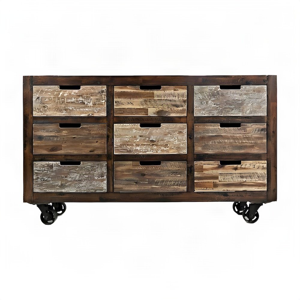 Acacia Veneer 9-Drawer Accent Chest with Wheels, Credenza, Distressed Brown