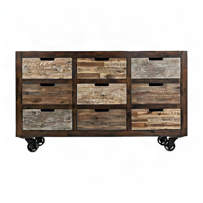 Acacia Veneer 9-Drawer Accent Chest with Wheels, Credenza, Distressed Brown
