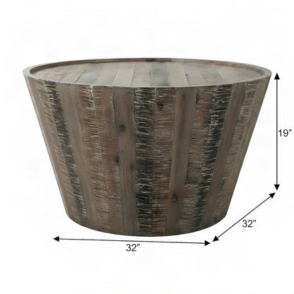 Solid Acacia Wood Round Drum Coffee Table with Distressed Finish, Grey Wash