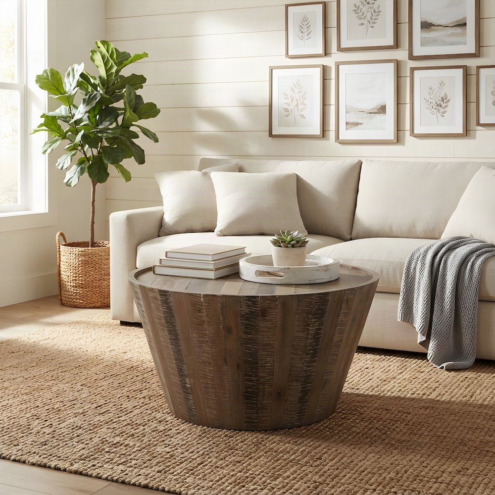 Solid Acacia Wood Round Drum Coffee Table with Distressed Finish, Grey Wash