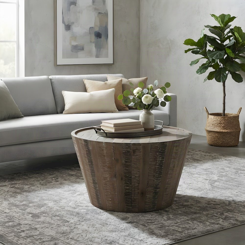 Solid Acacia Wood Round Drum Coffee Table with Distressed Finish, Grey Wash