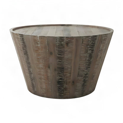 Solid Acacia Wood Round Drum Coffee Table with Distressed Finish, Grey Wash