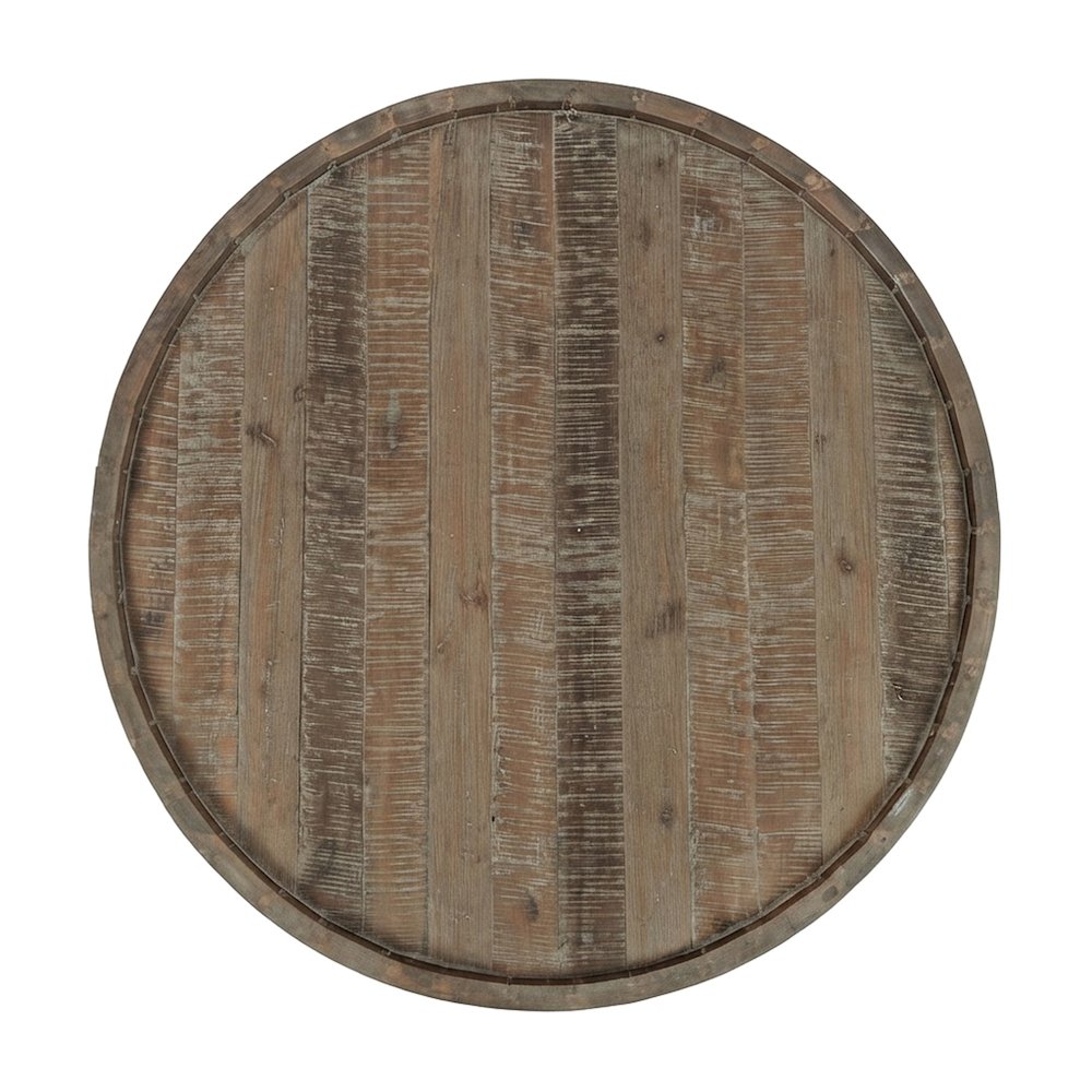 Solid Acacia Wood Round Drum Coffee Table with Distressed Finish, Grey Wash