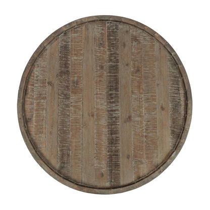 Solid Acacia Wood Round Drum Coffee Table with Distressed Finish, Grey Wash