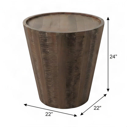 Solid Acacia Wood Round Drum End Table with Distressed Finish, Grey Wash