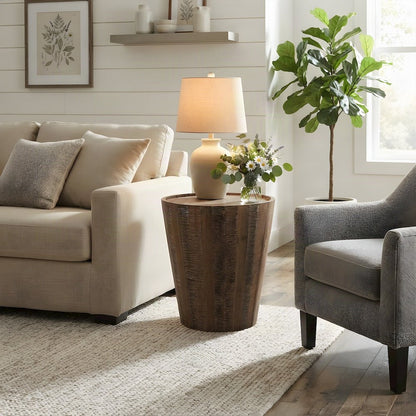 Solid Acacia Wood Round Drum End Table with Distressed Finish, Grey Wash