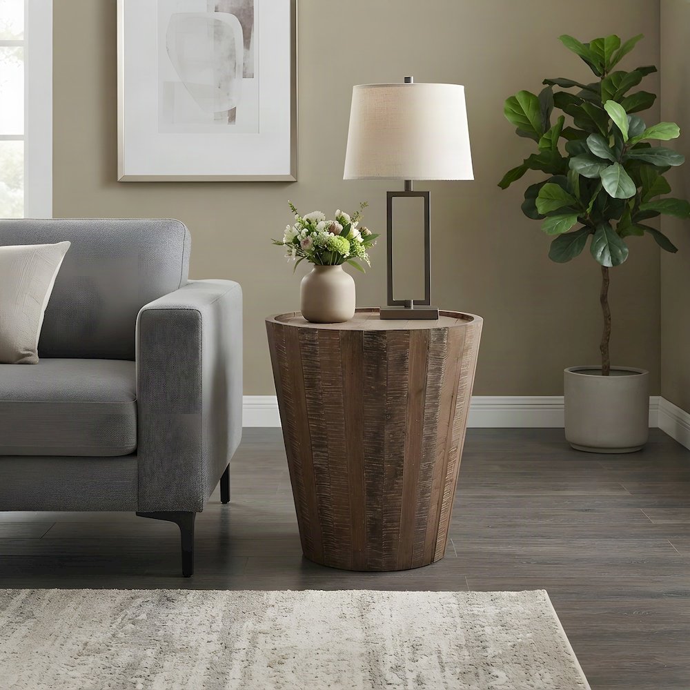Solid Acacia Wood Round Drum End Table with Distressed Finish, Grey Wash