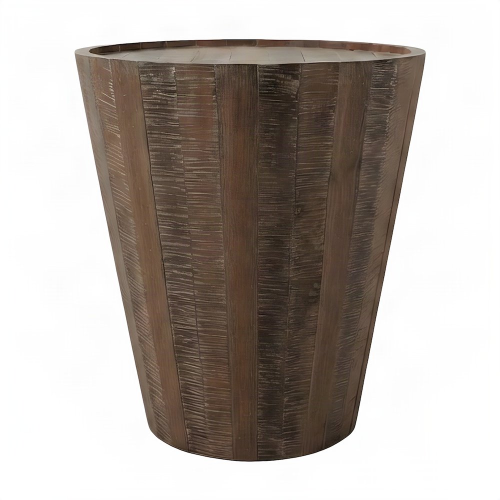 Solid Acacia Wood Round Drum End Table with Distressed Finish, Grey Wash