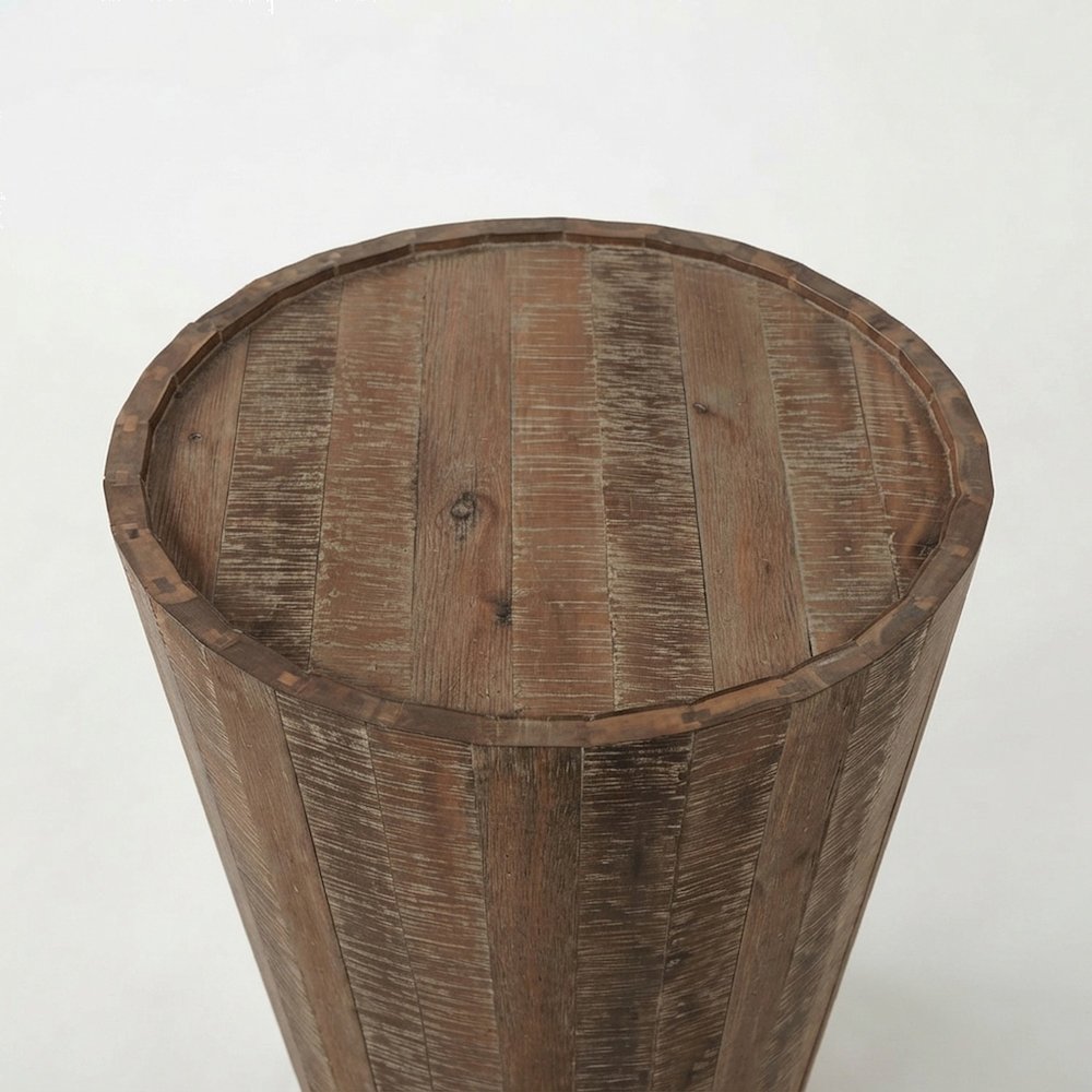 Solid Acacia Wood Round Drum End Table with Distressed Finish, Grey Wash