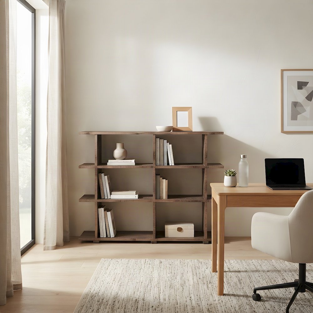 Distressed Solid Acacia Wood Bookcase with Open Storage Shelves, Grey Wash