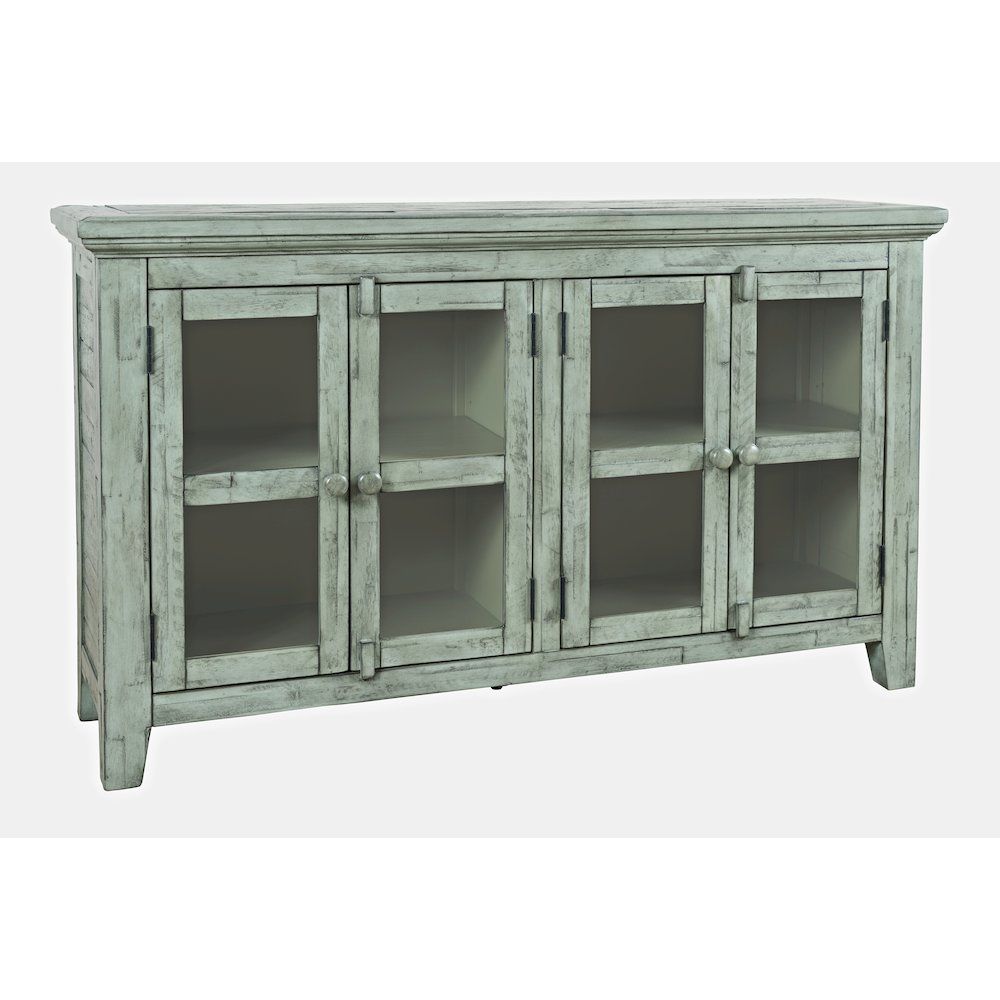 Acacia Veneer Four-Door Buffet Cabinet with Distressed Finish, Surfside Blue