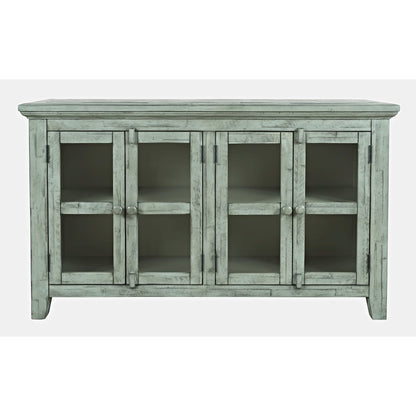 Acacia Veneer Four-Door Buffet Cabinet with Distressed Finish, Surfside Blue