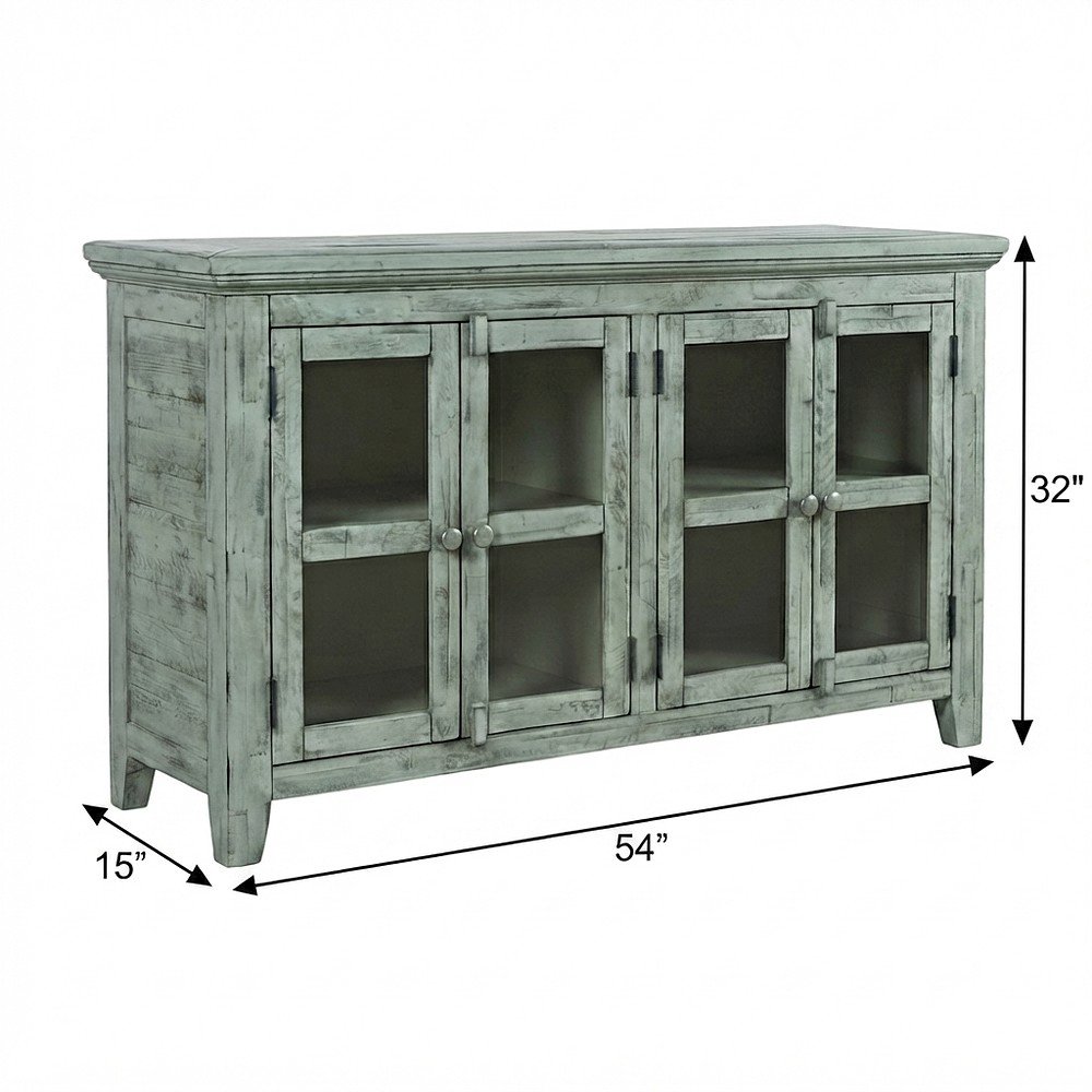 Acacia Veneer Four-Door Buffet Cabinet with Distressed Finish, Surfside Blue