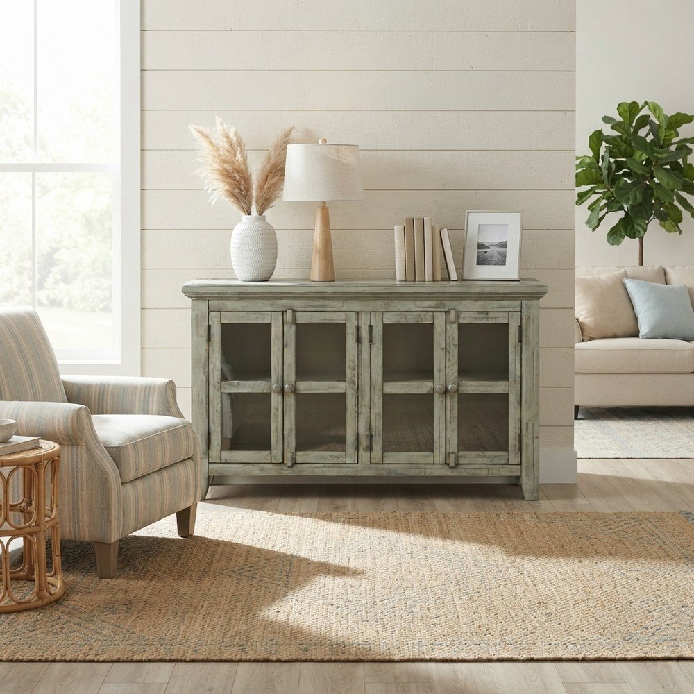 Acacia Veneer Four-Door Buffet Cabinet with Distressed Finish, Surfside Blue