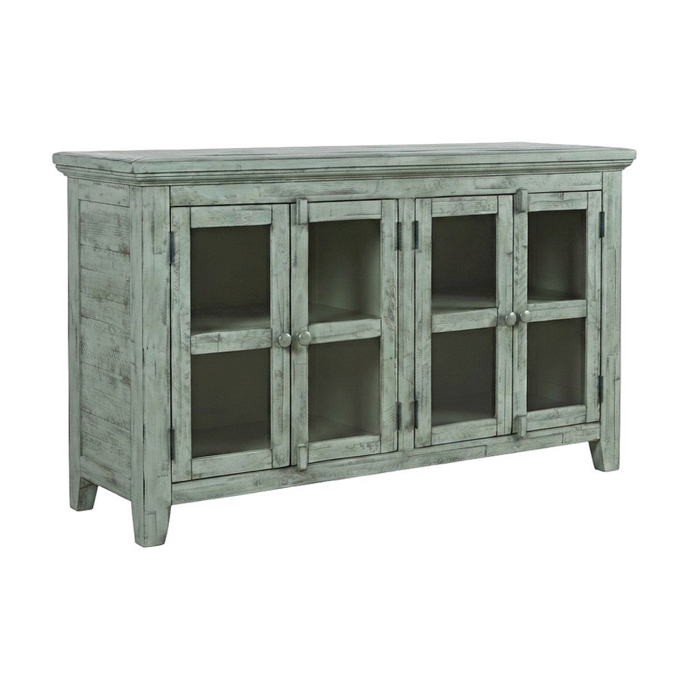 Acacia Veneer Four-Door Buffet Cabinet with Distressed Finish, Surfside Blue
