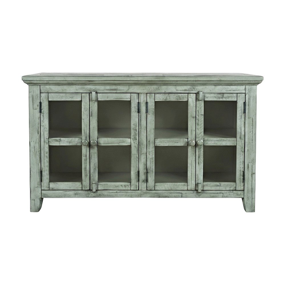Acacia Veneer Four-Door Buffet Cabinet with Distressed Finish, Surfside Blue