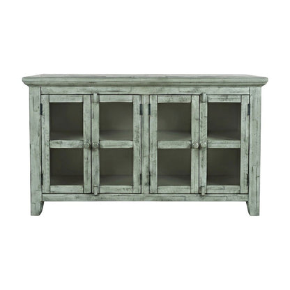 Acacia Veneer Four-Door Buffet Cabinet with Distressed Finish, Surfside Blue