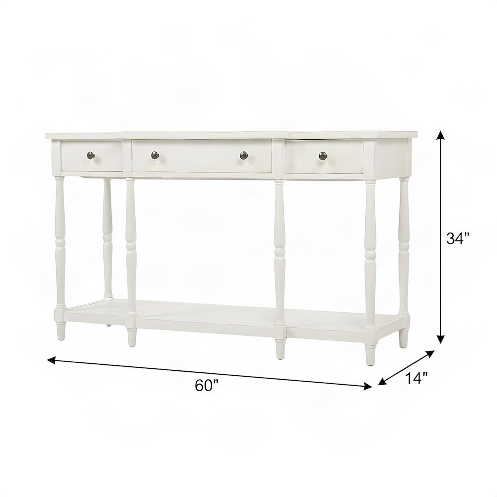 Rubberwood Veneer Sofa Table with 3 Drawers, Entry Console, Antique White