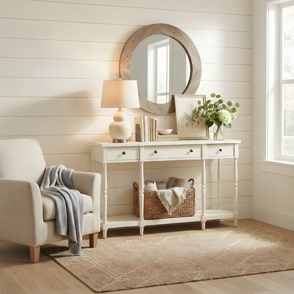 Rubberwood Veneer Sofa Table with 3 Drawers, Entry Console, Antique White