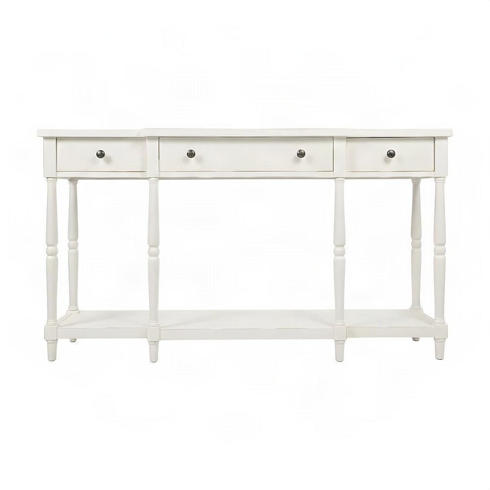 Rubberwood Veneer Sofa Table with 3 Drawers, Entry Console, Antique White
