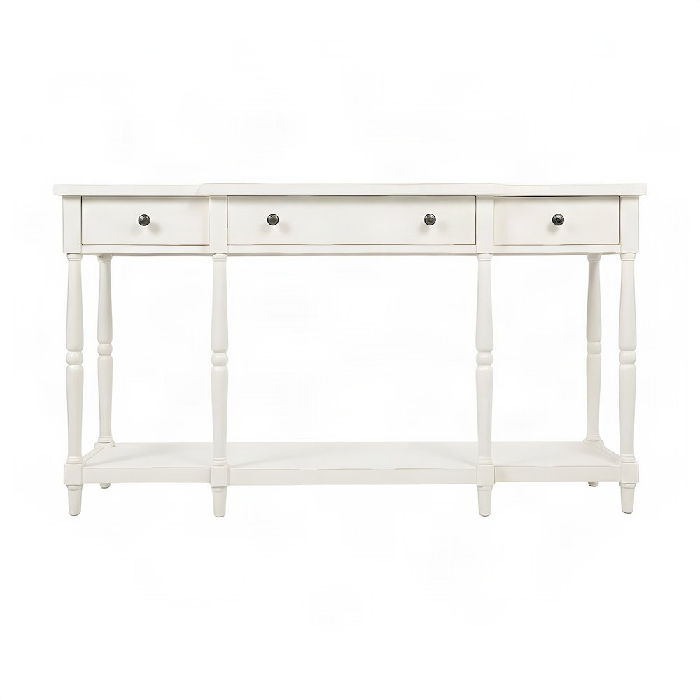 Rubberwood Veneer Sofa Table with 3 Drawers, Entry Console, Antique White
