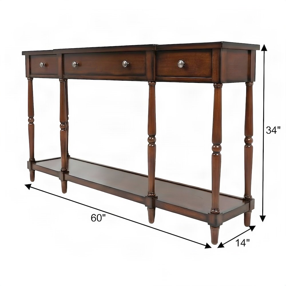 Rubberwood Veneer Sofa Table with 3 Drawers, Entry Console, Antique Mahogany