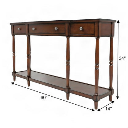 Rubberwood Veneer Sofa Table with 3 Drawers, Entry Console, Antique Mahogany