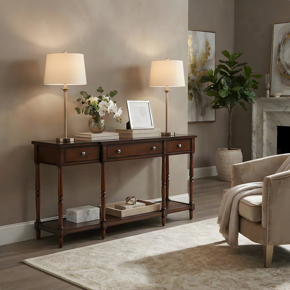 Rubberwood Veneer Sofa Table with 3 Drawers, Entry Console, Antique Mahogany