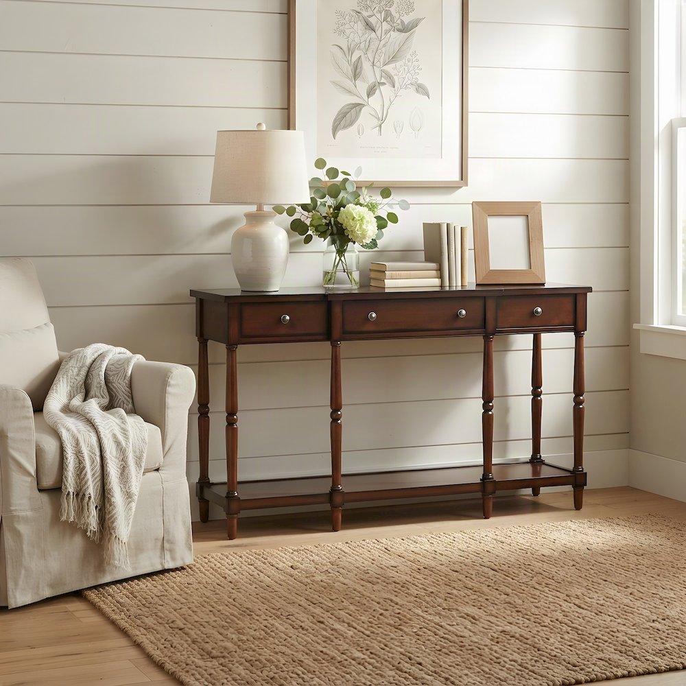 Rubberwood Veneer Sofa Table with 3 Drawers, Entry Console, Antique Mahogany