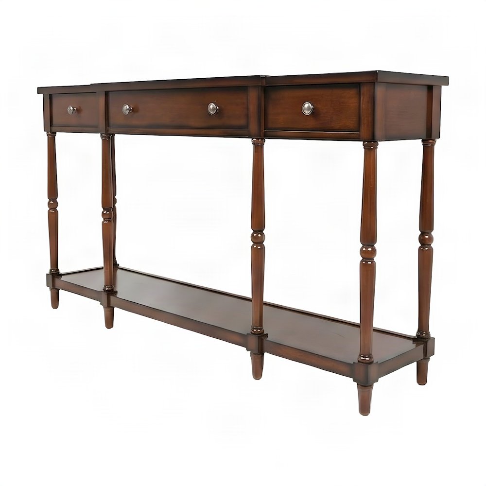 Rubberwood Veneer Sofa Table with 3 Drawers, Entry Console, Antique Mahogany