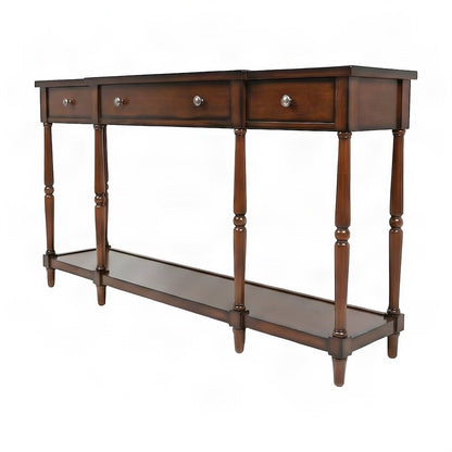 Rubberwood Veneer Sofa Table with 3 Drawers, Entry Console, Antique Mahogany