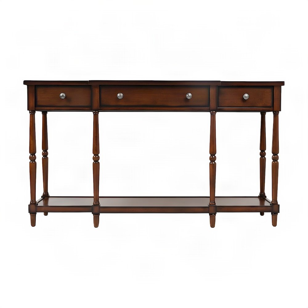 Rubberwood Veneer Sofa Table with 3 Drawers, Entry Console, Antique Mahogany