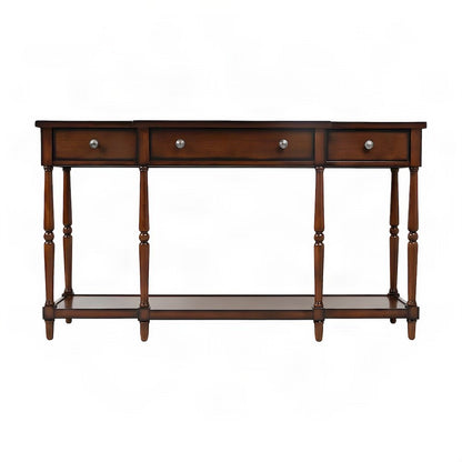 Rubberwood Veneer Sofa Table with 3 Drawers, Entry Console, Antique Mahogany