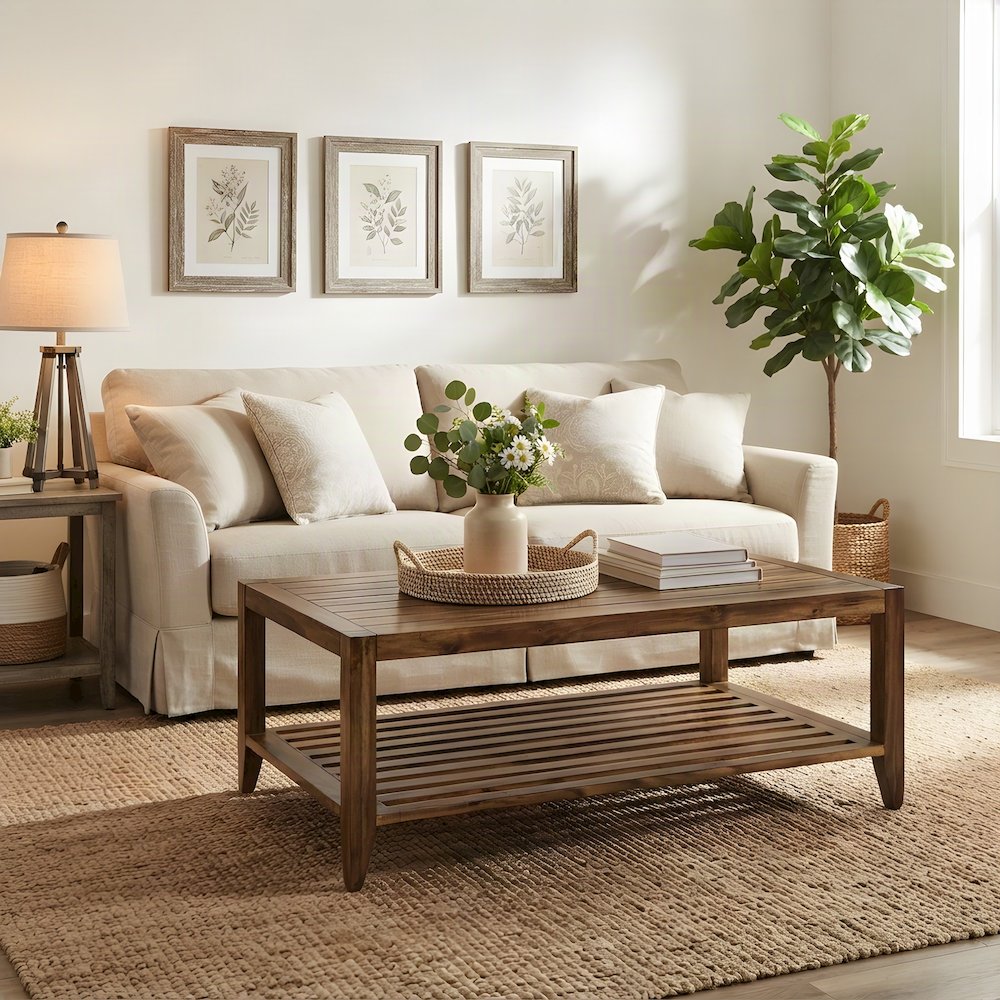 Modern Acacia Wood Coffee Table with Plywood Frame for Living Room, Light Brown