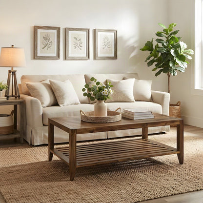 Modern Acacia Wood Coffee Table with Plywood Frame for Living Room, Light Brown