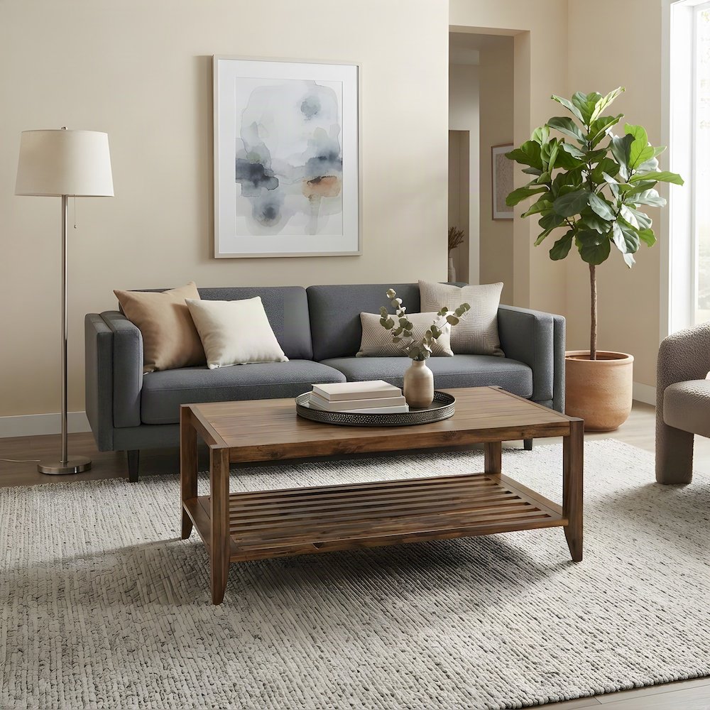 Modern Acacia Wood Coffee Table with Plywood Frame for Living Room, Light Brown