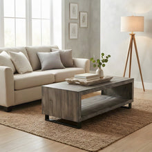 Solid Wood Coffee Table with Iron Legs, Modern Rustic, Distressed Concrete Grey
