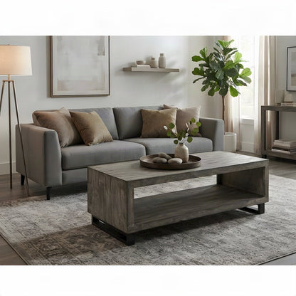 Solid Wood Coffee Table with Iron Legs, Modern Rustic, Distressed Concrete Grey