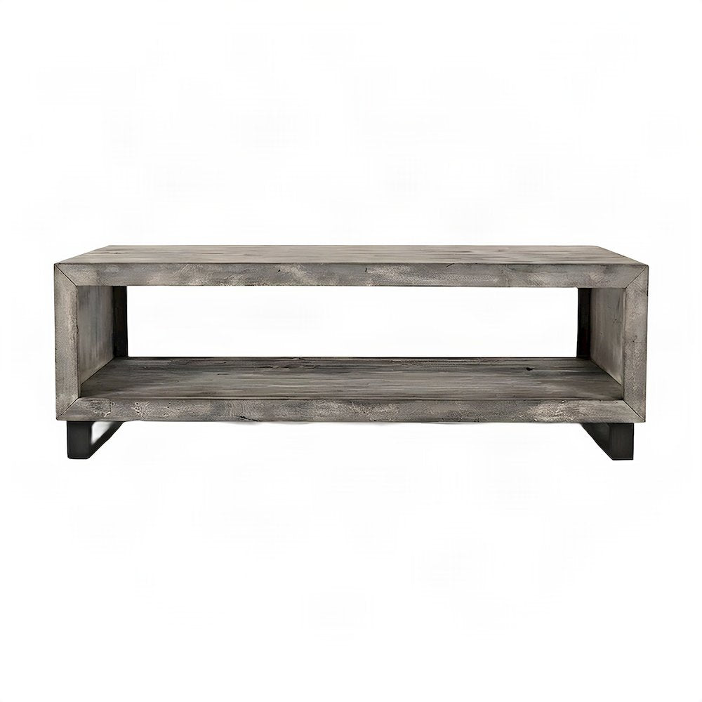 Solid Wood Coffee Table with Iron Legs, Modern Rustic, Distressed Concrete Grey