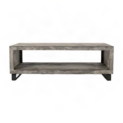 Solid Wood Coffee Table with Iron Legs, Modern Rustic, Distressed Concrete Grey