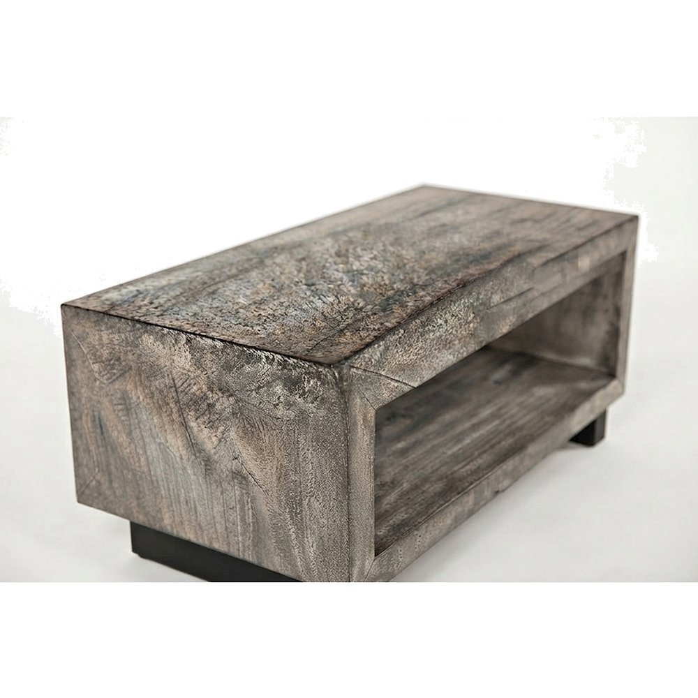 Solid Wood Coffee Table with Iron Legs, Modern Rustic, Distressed Concrete Grey