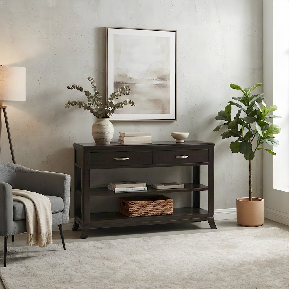 Acacia Veneer Sofa Table and Console TV Stand with 2 Drawers, Merlot