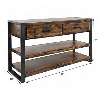 Acacia Veneer Console Sofa Table with Drawers, Distressed Light Brown
