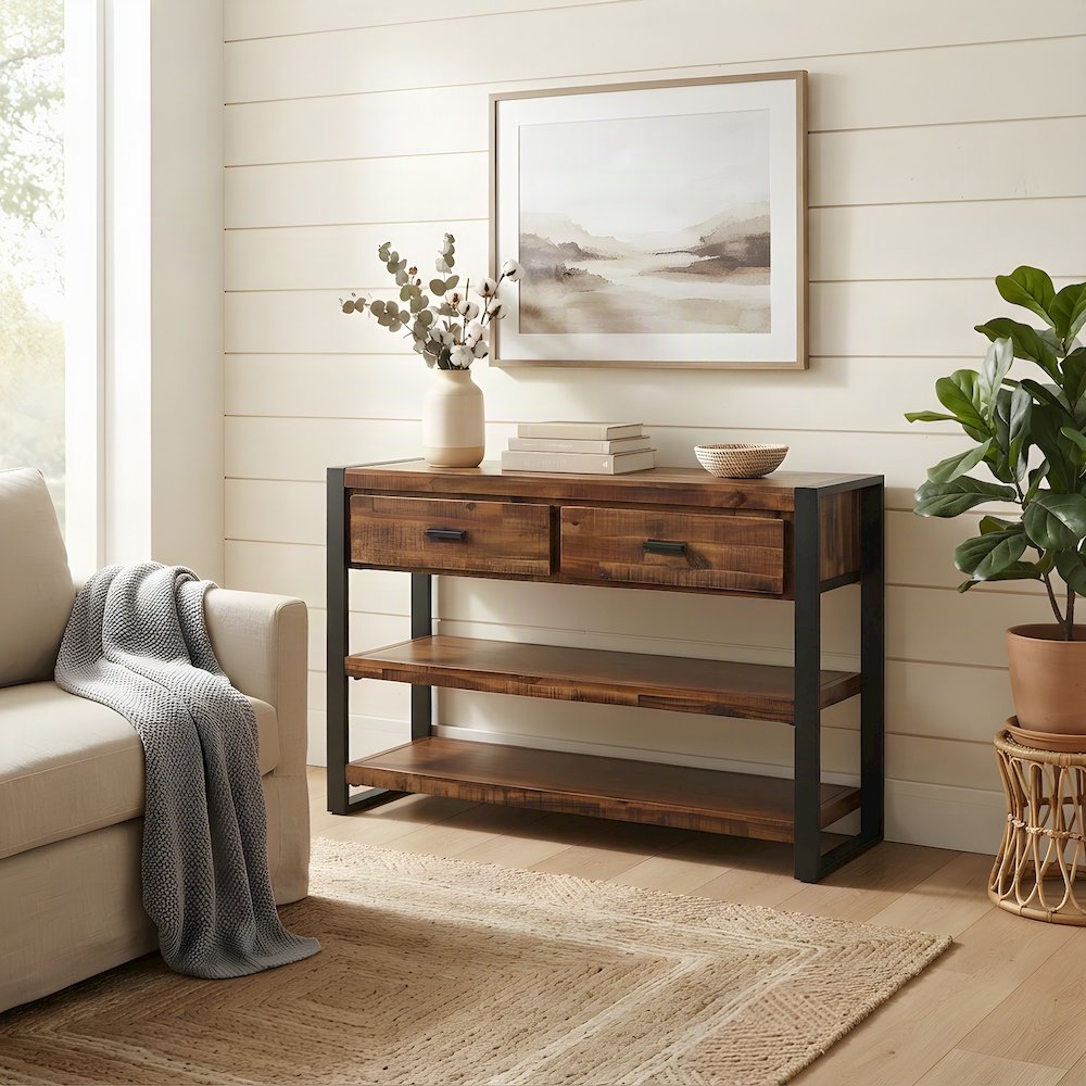 Acacia Veneer Console Sofa Table with Drawers, Distressed Light Brown