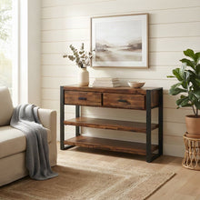 Acacia Veneer Console Sofa Table with Drawers, Distressed Light Brown