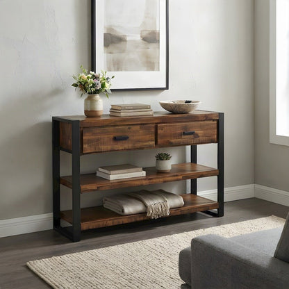 Acacia Veneer Console Sofa Table with Drawers, Distressed Light Brown