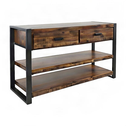 Acacia Veneer Console Sofa Table with Drawers, Distressed Light Brown