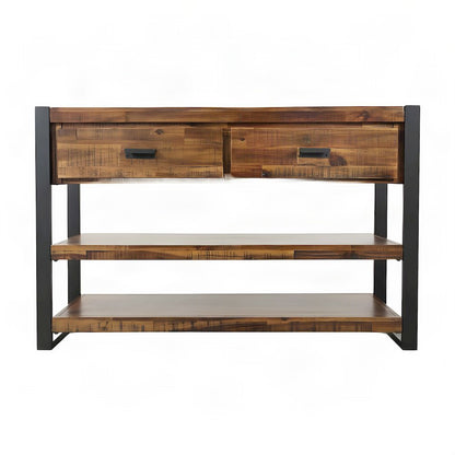 Acacia Veneer Console Sofa Table with Drawers, Distressed Light Brown
