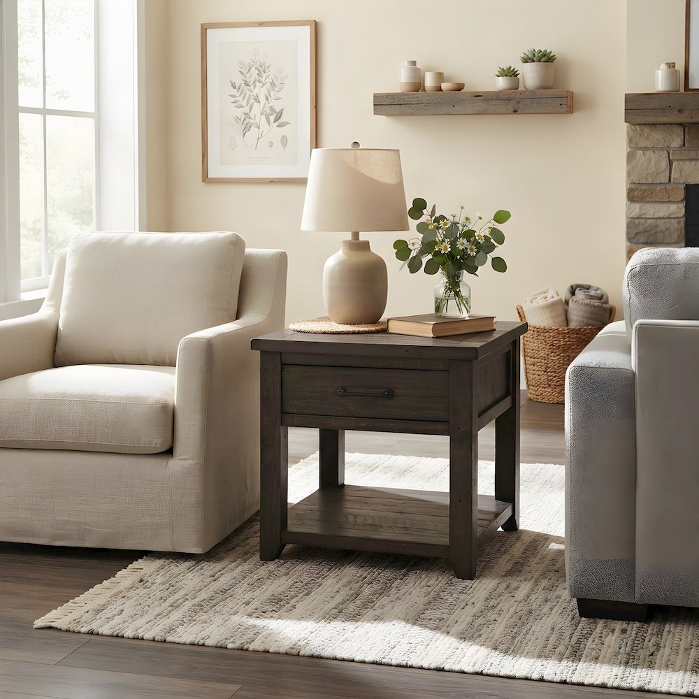 Pine Farmhouse End Table with Drawer Storage, Rustic Side Table, Barnwood Brown